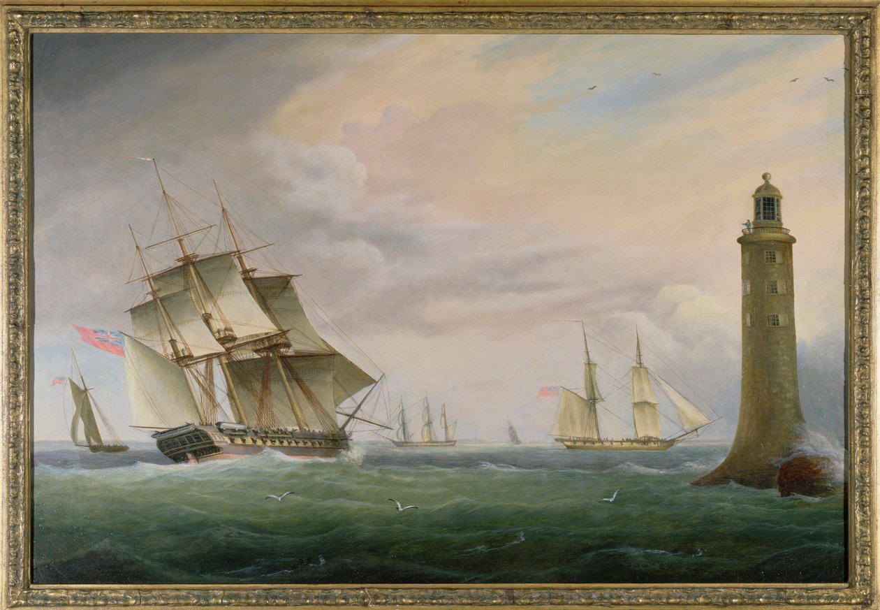 Uma fragata e uma brigada naval passando pelo farol de Eddystone de Thomas L. Hornbrook