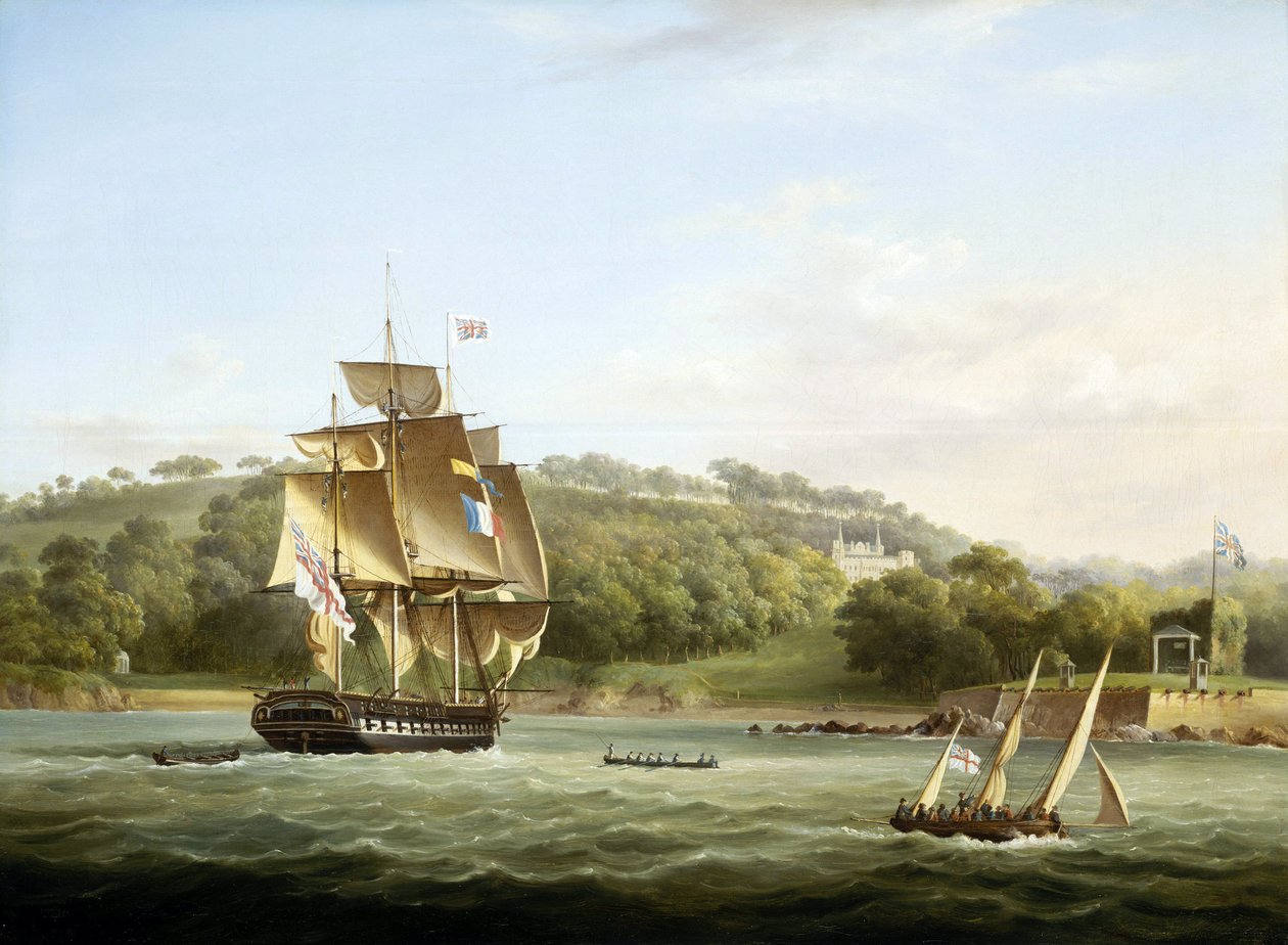 Uma fragata real e outros navios em Barn Bay, ao largo de Plymouth, Inglaterra, em frente ao Monte Edgcumbe. Óleo sobre tela, c. 1830-55, de Thomas Lyde Hornbrook (1808-1855). de Thomas L. Hornbrook