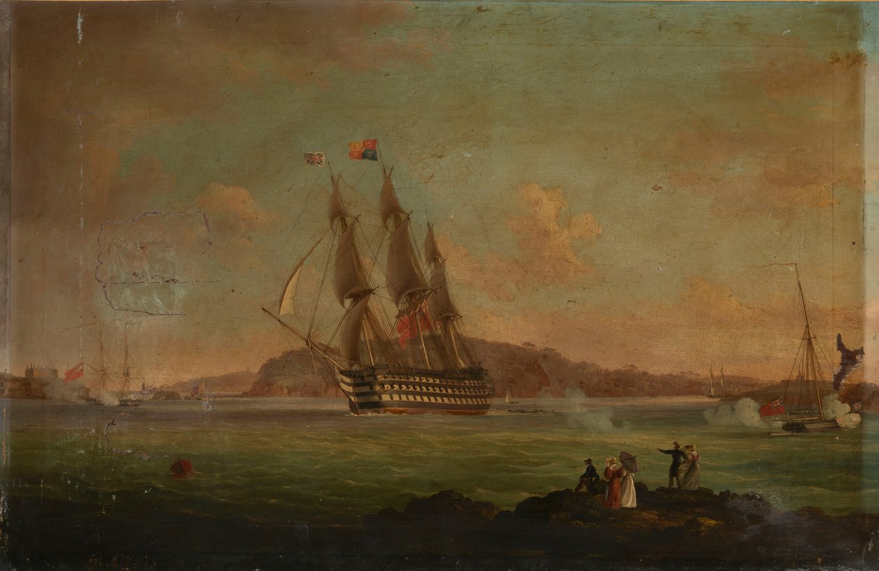 HMS "Britannia" navegando do Hamoaze para Plymouth Sound, com o Duque de Clarence a bordo como Lord High Admiral, 27 de julho de 1828, c.1828 (óleo sobre tela) de Thomas L. Hornbrook