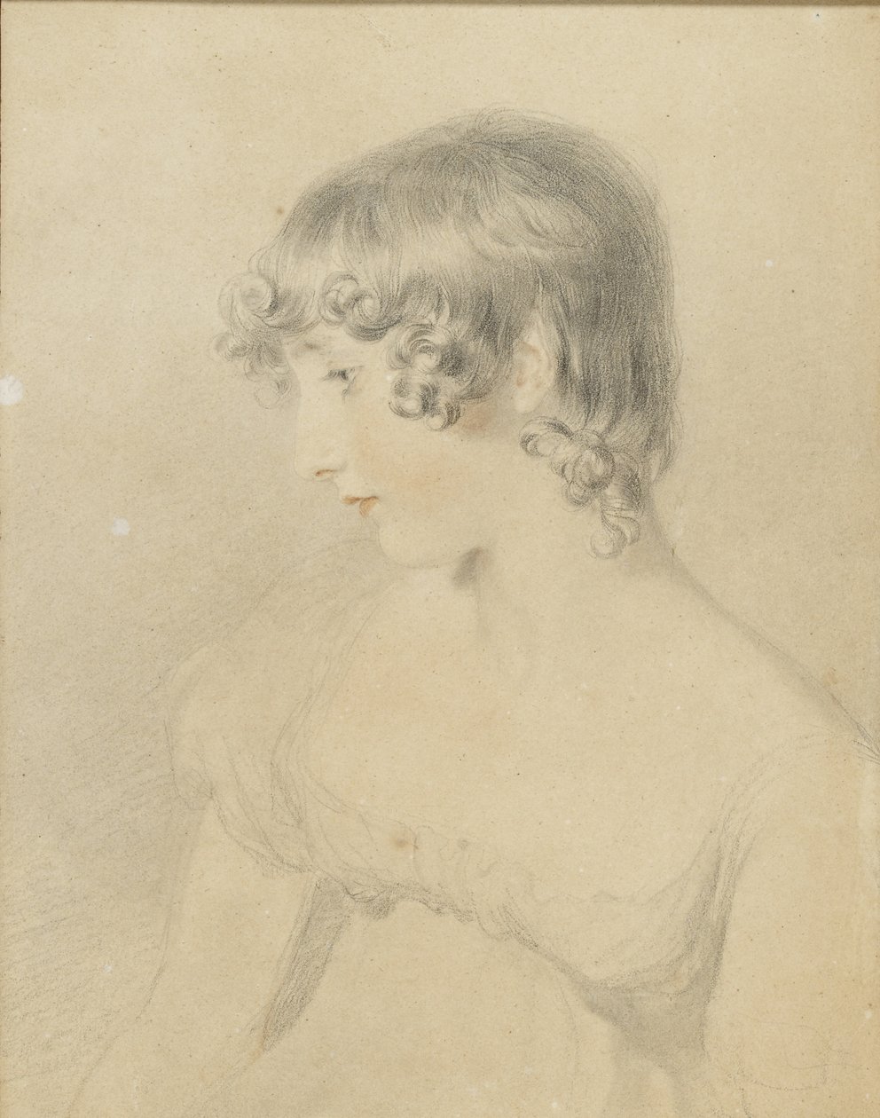 Busto retrato de Susan Bloxam, virou-se em perfil para a esquerda, 1818 (giz preto, tocou com giz vermelho, levemente perplexo no cartão branco marrom descolorido) de Thomas Lawrence