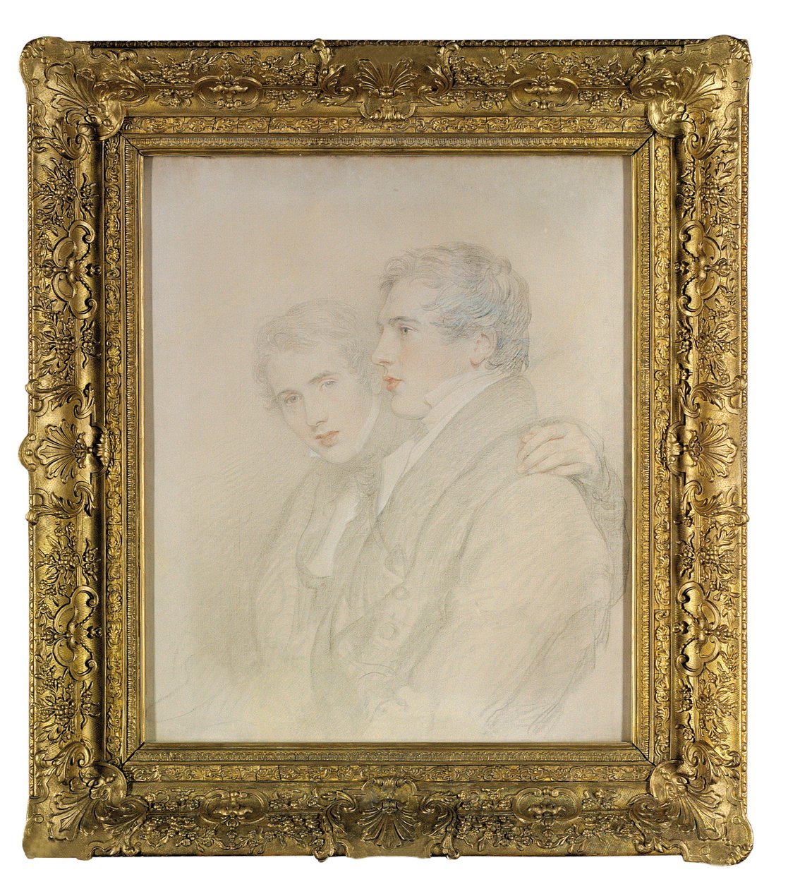 Retrato duplo de Richard Rowland Bloxam (1797-1877) e Andrew Bloxam (1801-1878), meio comprimento, de perfil, na véspera de sua partida para as Ilhas Sandwich [Havaí] em 1823 (giz preto, branco e vermelho em uma tela preparada) de Thomas Lawrence