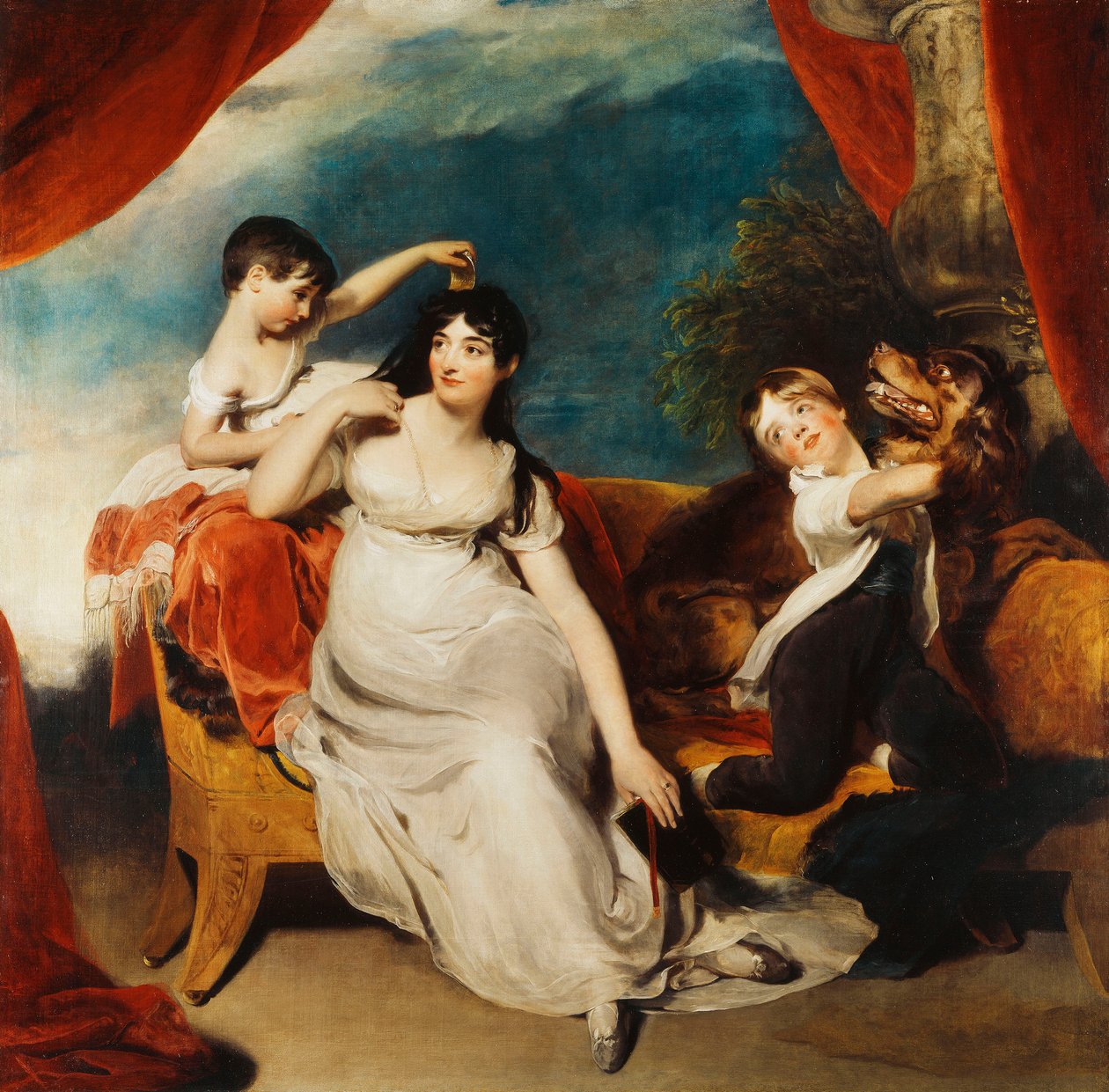 Retrato de grupo da Sra. Henry Baring e dois de seus filhos e um cachorro grande, uma paisagem além, c.1817-1824 de Thomas Lawrence