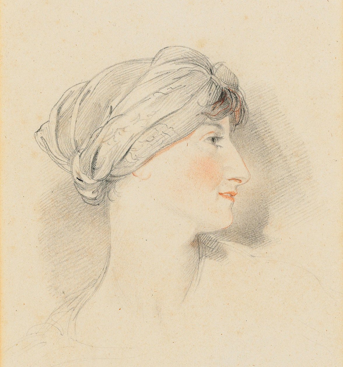 Retrato da cabeça da Sra. Jens Wolff, de perfil à direita, usando turbante (lápis, giz preto e vermelho) de Thomas Lawrence