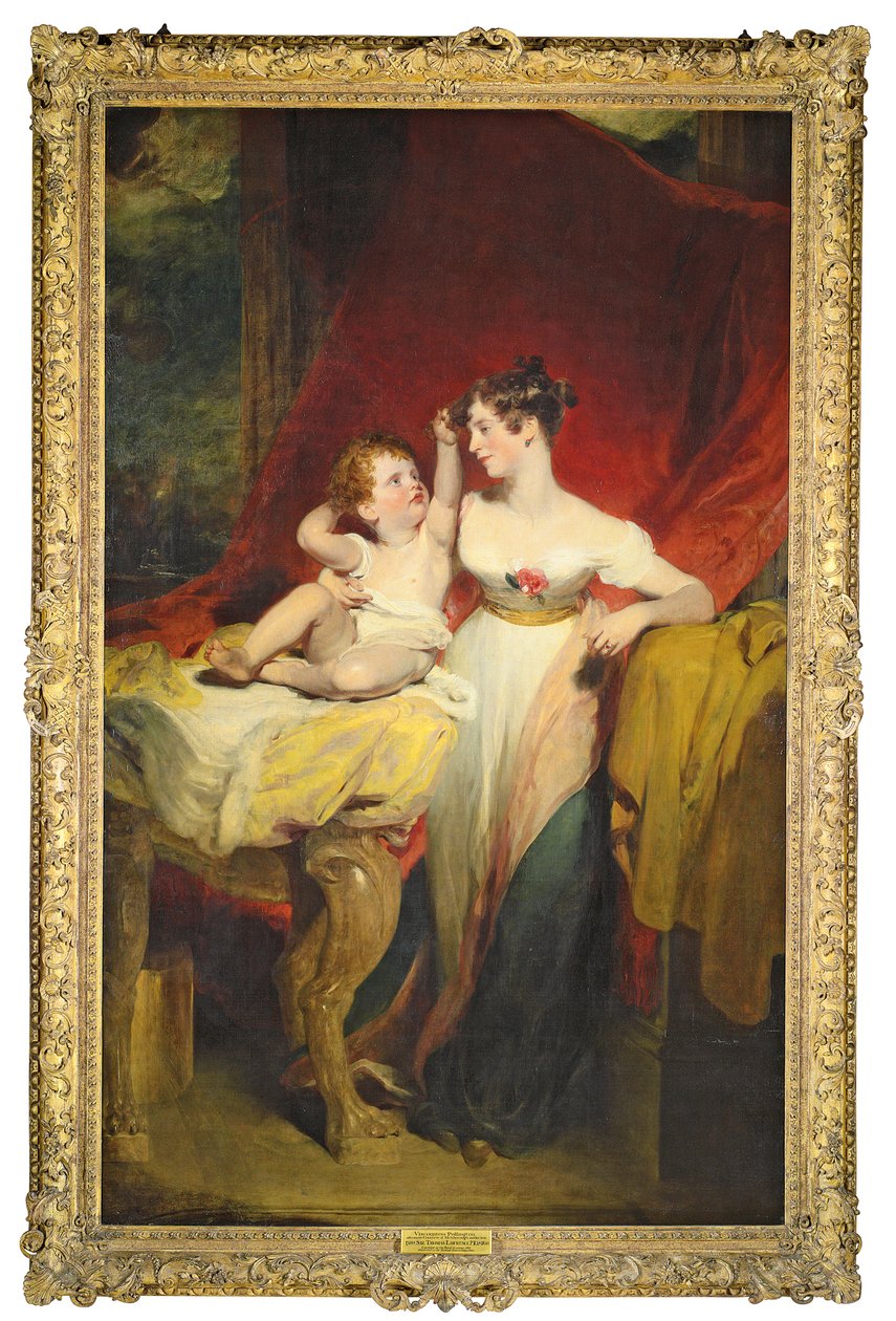 Retrato de Anne, Viscondessa Pollington, mais tarde Condessa de Mexborough (falecido em 1870), com seu filho, John Charles (1810-99), mais tarde 4o Conde de Mexborough, corpo inteiro, ela em um vestido branco com uma rosa em t de Thomas Lawrence