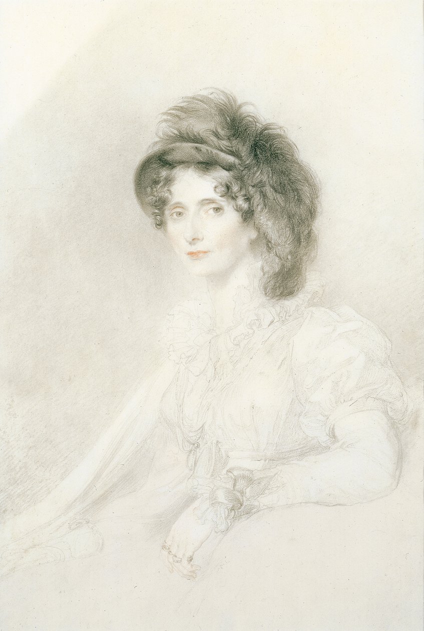 Retrato de Elizabeth, duquesa de Devonshire (1758-1824), sentada, com metade do corpo, usando um grande chapéu de penas (lápis, giz preto e vermelho no papel) de Thomas Lawrence