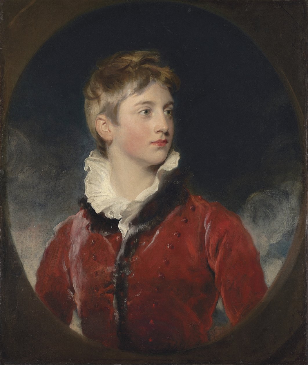 Retrato de Frederick William Stewart, 4º Marquês de Londonderry, KP, MP (1805-1872) quando menino, com metade do corpo, com casaco vermelho, oval fingido (óleo sobre tela) de Thomas Lawrence