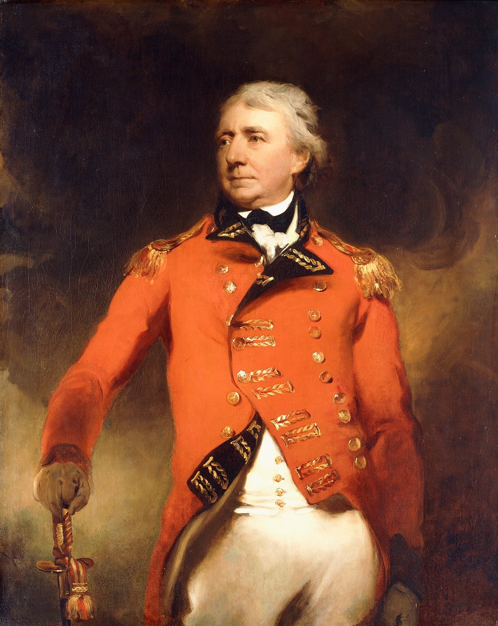 Retrato do general James Stuart, de três quartos de comprimento, vestindo um uniforme vermelho com sapos dourados, de Thomas Lawrence