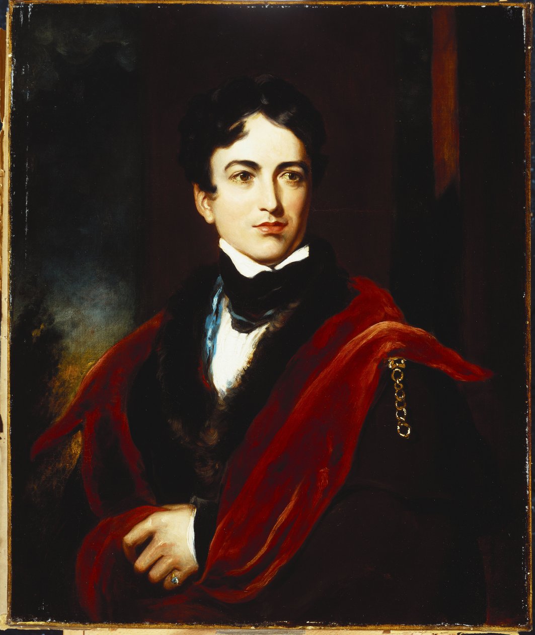 Retrato de John George Lambton, conde de Durham, GCB, MP, com um casaco escuro, capa e estoque branco de Thomas Lawrence