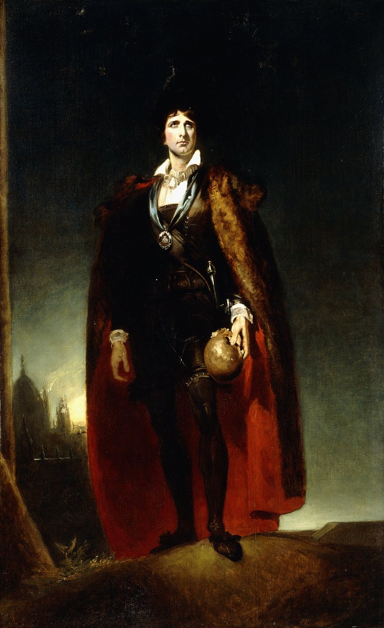 Retrato de John Kemble como Hamlet, de pé em uma paisagem, vestindo uma capa e segurando uma caveira, de Thomas Lawrence