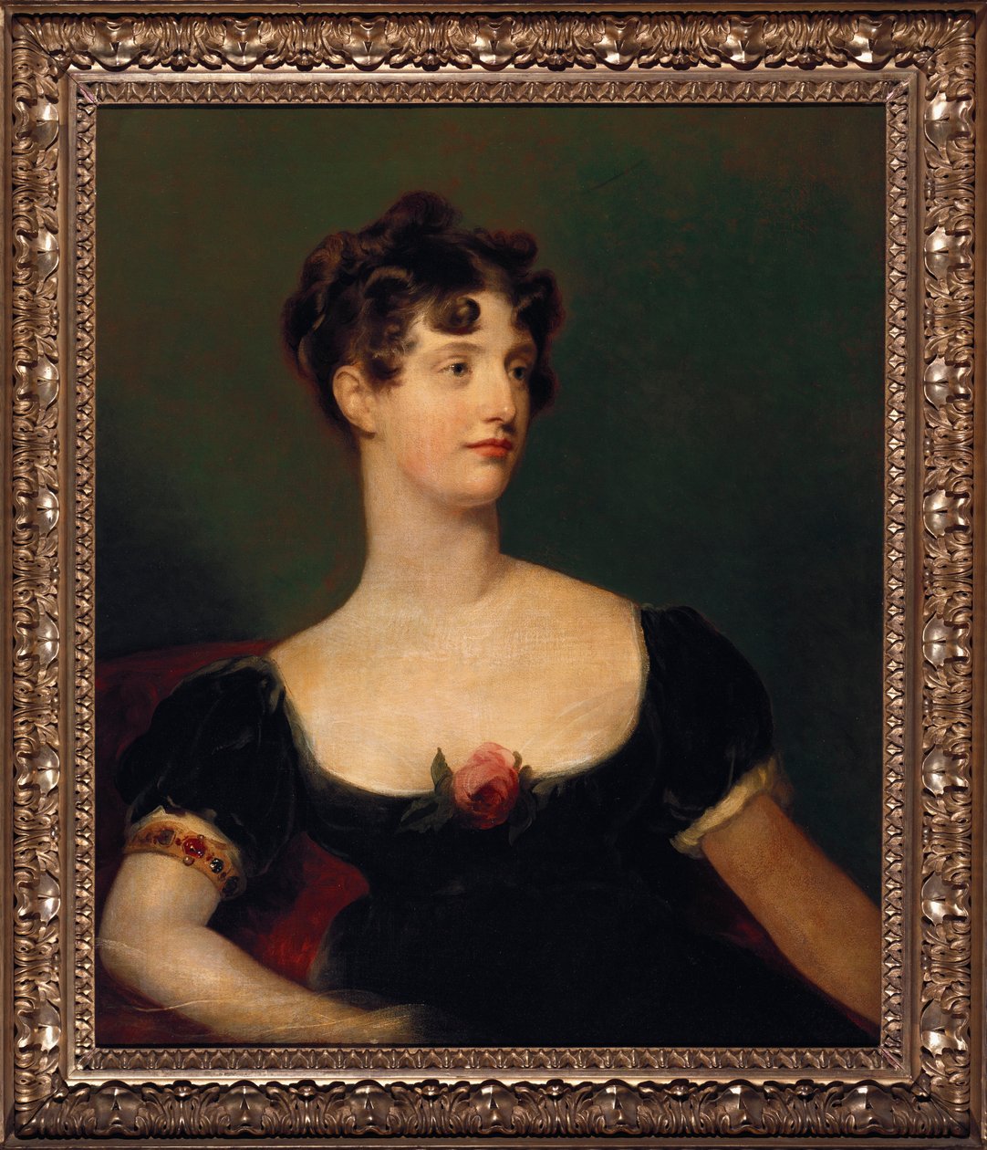 Retrato de Lady Beresford, sentada, meio comprimento de vestido preto, decorado com uma rosa de Thomas Lawrence