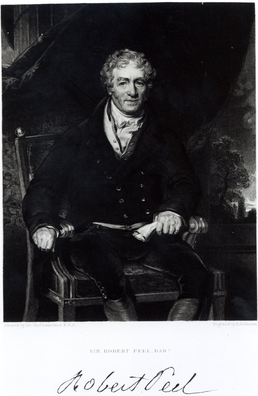 Retrato de Sir Robert Peel (1788-1850), gravado por H, Robinson (gravura) (foto bw) de Thomas Lawrence