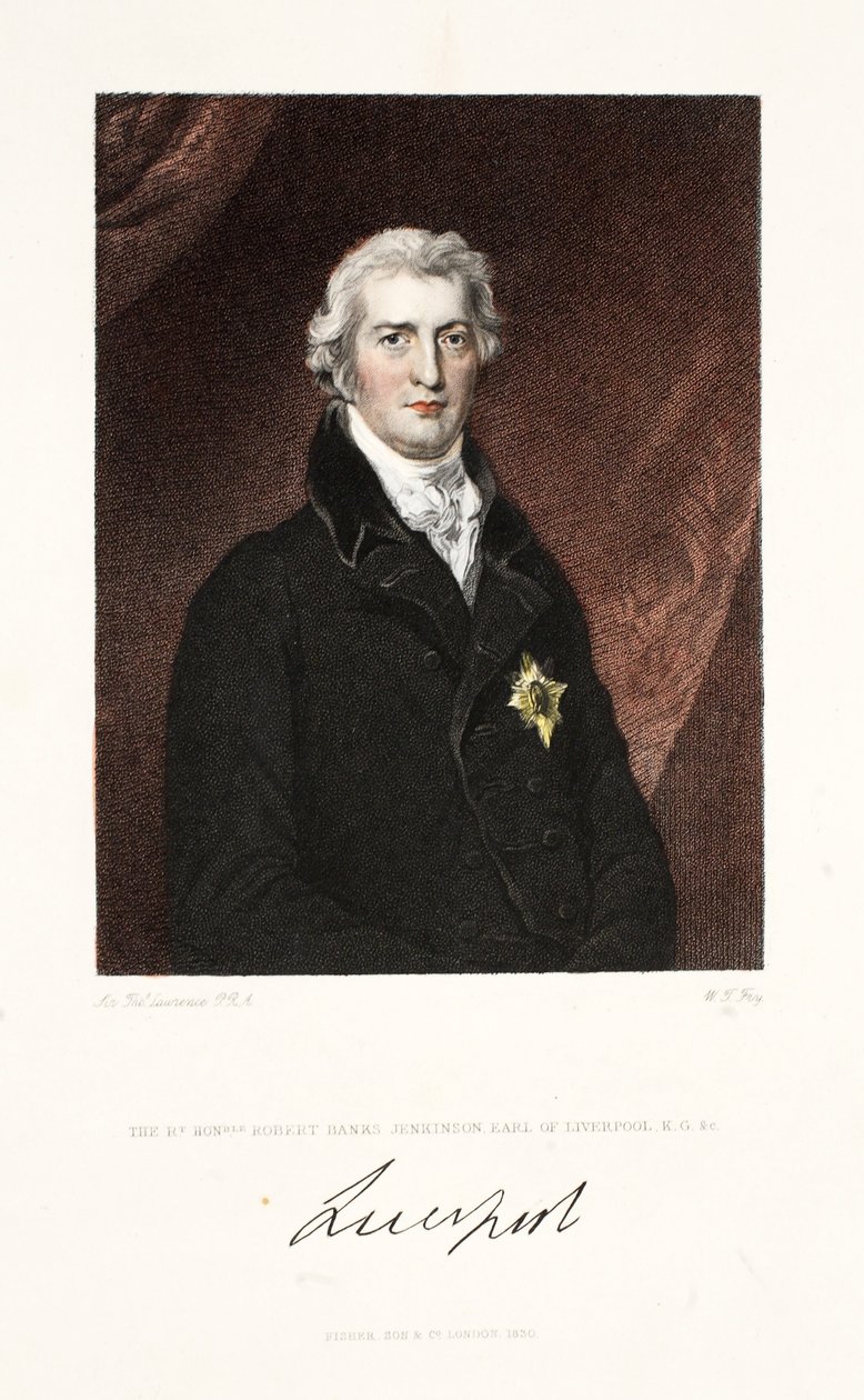 O Honorável Robert Banks Jenkinson, conde de Liverpool, KG e C., pub. 1830 (gravura colorida à mão) de Thomas Lawrence