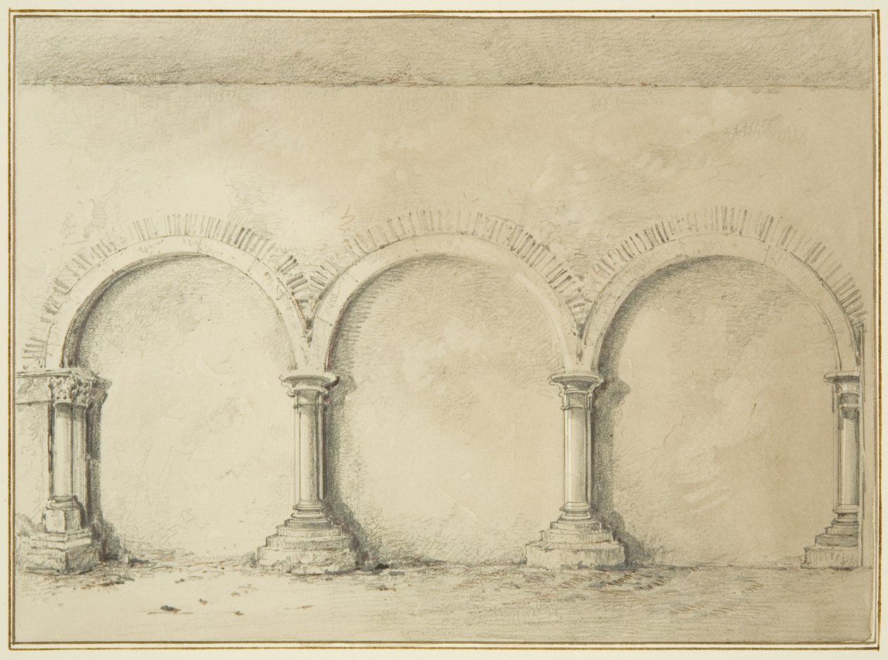 Arcos e colunas nas instalações da Mereweather entre a Rua Nicholas e a Rua Corn (lápis e aguarela sobre papel) de Thomas Leeson the Elder Rowbotham