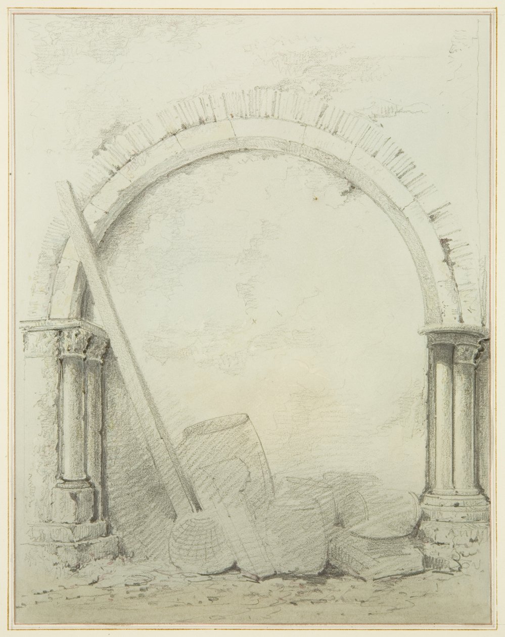 Arcos e colunas nas instalações da Mereweather entre a Rua Nicholas e a Rua Corn (lápis e aguarela sobre papel) de Thomas Leeson the Elder Rowbotham