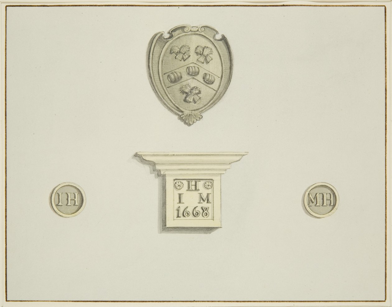 Braços dos cervejeiros e outros detalhes, na chaminé da 13 Temple Street (lápis e aquarela sobre papel) de Thomas Leeson the Elder Rowbotham