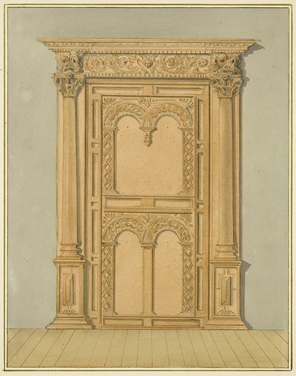 Porta de carvalho esculpido, 6 Redcliffe Street (aquarela sobre papel) de Thomas Leeson the Elder Rowbotham