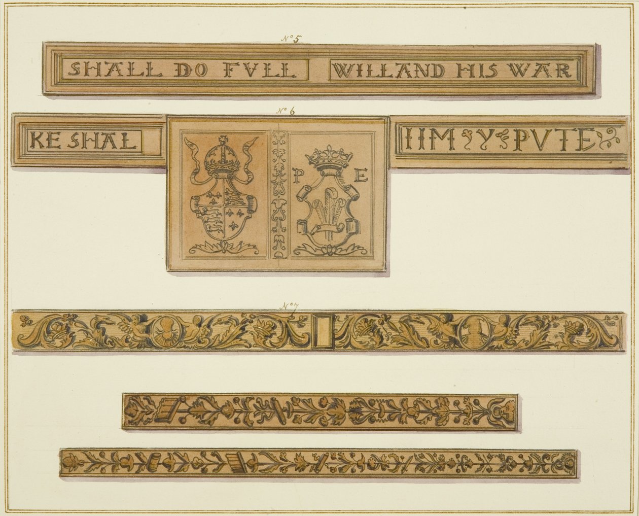 Frisos esculpidos e brasões da 46 Baldwin Street (aguarela sobre papel) de Thomas Leeson the Elder Rowbotham