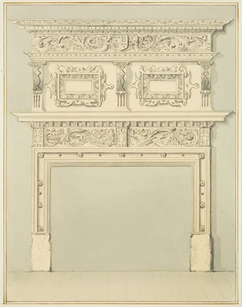 Chaminé na sala inferior, 9 Rua Pequena (lápis e aguarela sobre papel) de Thomas Leeson the Elder Rowbotham