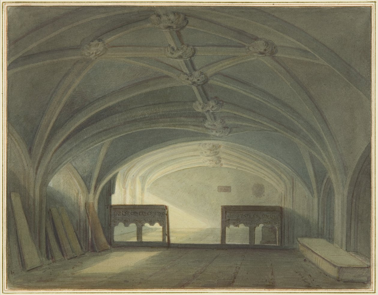 Cripta da Igreja de São João, olhando para Leste, mostrando a tela de carvalho (aquarela sobre papel) de Thomas Leeson the Elder Rowbotham