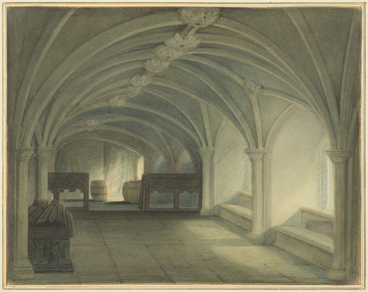 Cripta da Igreja de São João, olhando para o Oeste (aguarela no papel) de Thomas Leeson the Elder Rowbotham