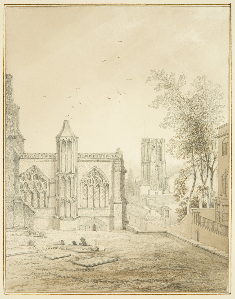 Fim leste de St Mary Redcliffe, mostrando a Igreja do Templo (lápis e aquarela sobre papel) de Thomas Leeson the Elder Rowbotham