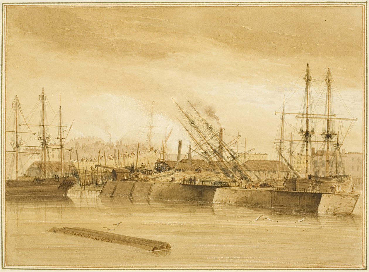 Doca de Wapping Oriental, mostrando o barquinho "Avon" nas ações de Thomas Leeson the Elder Rowbotham