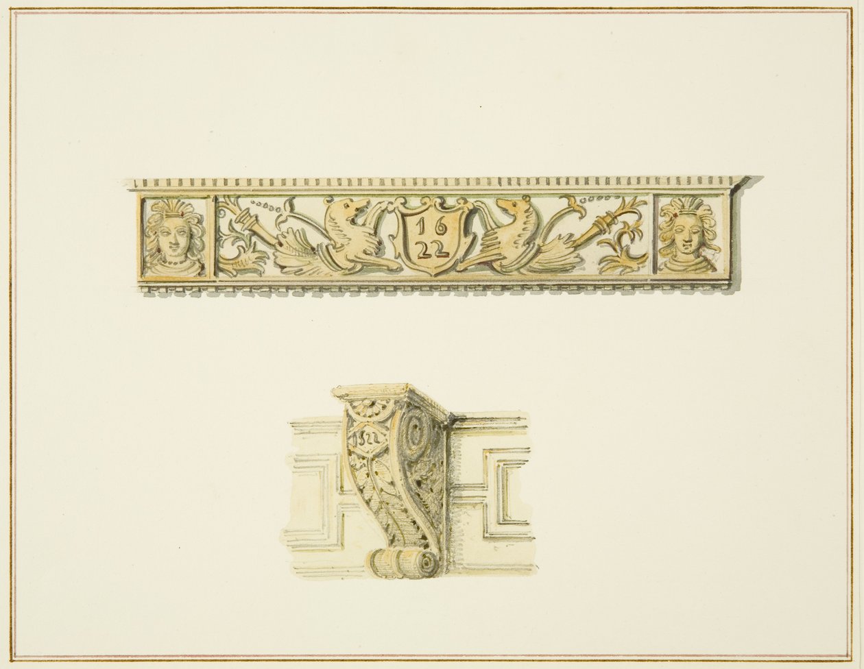 Frieze in 15 Broad Street e Bracket on house ao lado de Guildhall (aquarela sobre papel) de Thomas Leeson the Elder Rowbotham