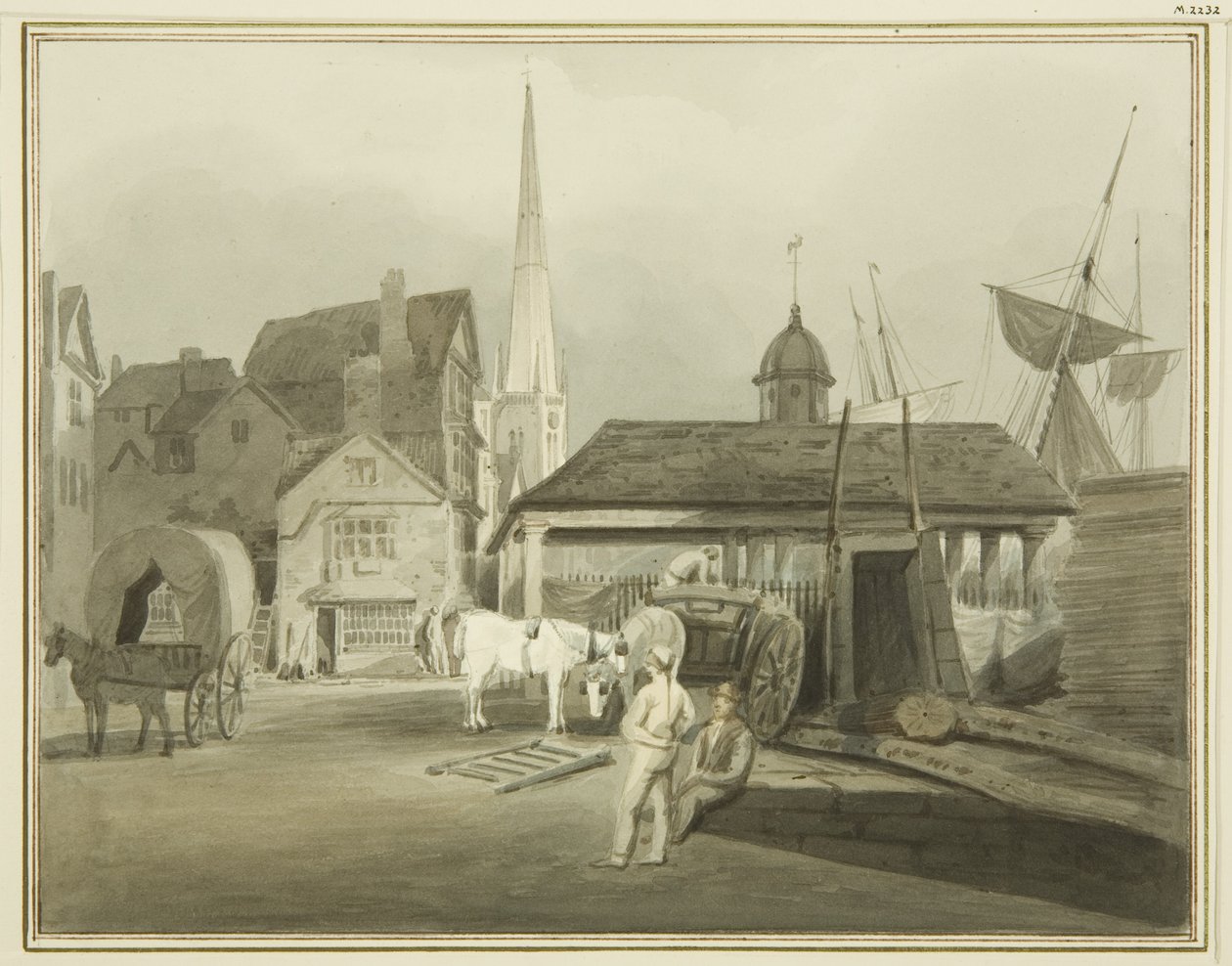 North-East End of King Street, mostrando Welsh Market em 1802 (aquarela sobre papel) de Thomas Leeson the Elder Rowbotham