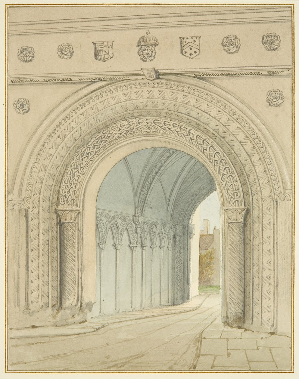 Vista norte do arco do College Gateway (lápis e aguarela sobre papel) de Thomas Leeson the Elder Rowbotham