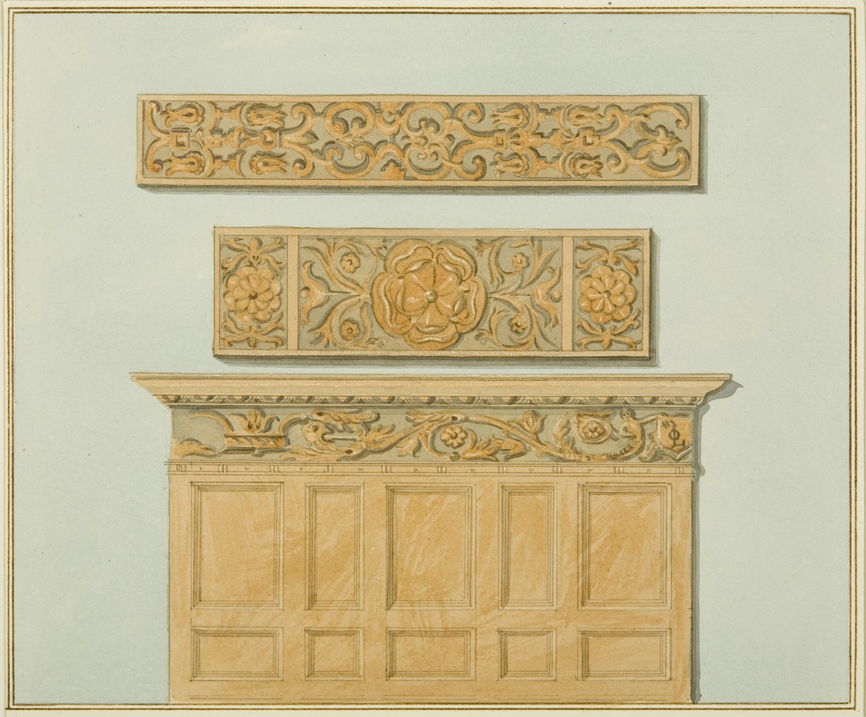 Partes do Revestimento e Frieze, na Mansão Langton, na parte de trás (aguarela sobre papel) de Thomas Leeson the Elder Rowbotham