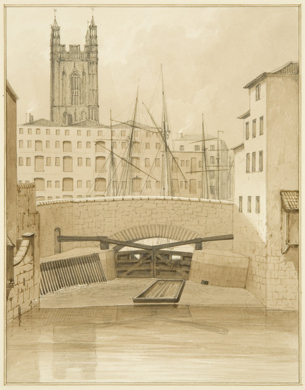 Ponte de Pedra mostrando as comportas de inundação (lápis e aquarela sobre papel) de Thomas Leeson the Elder Rowbotham