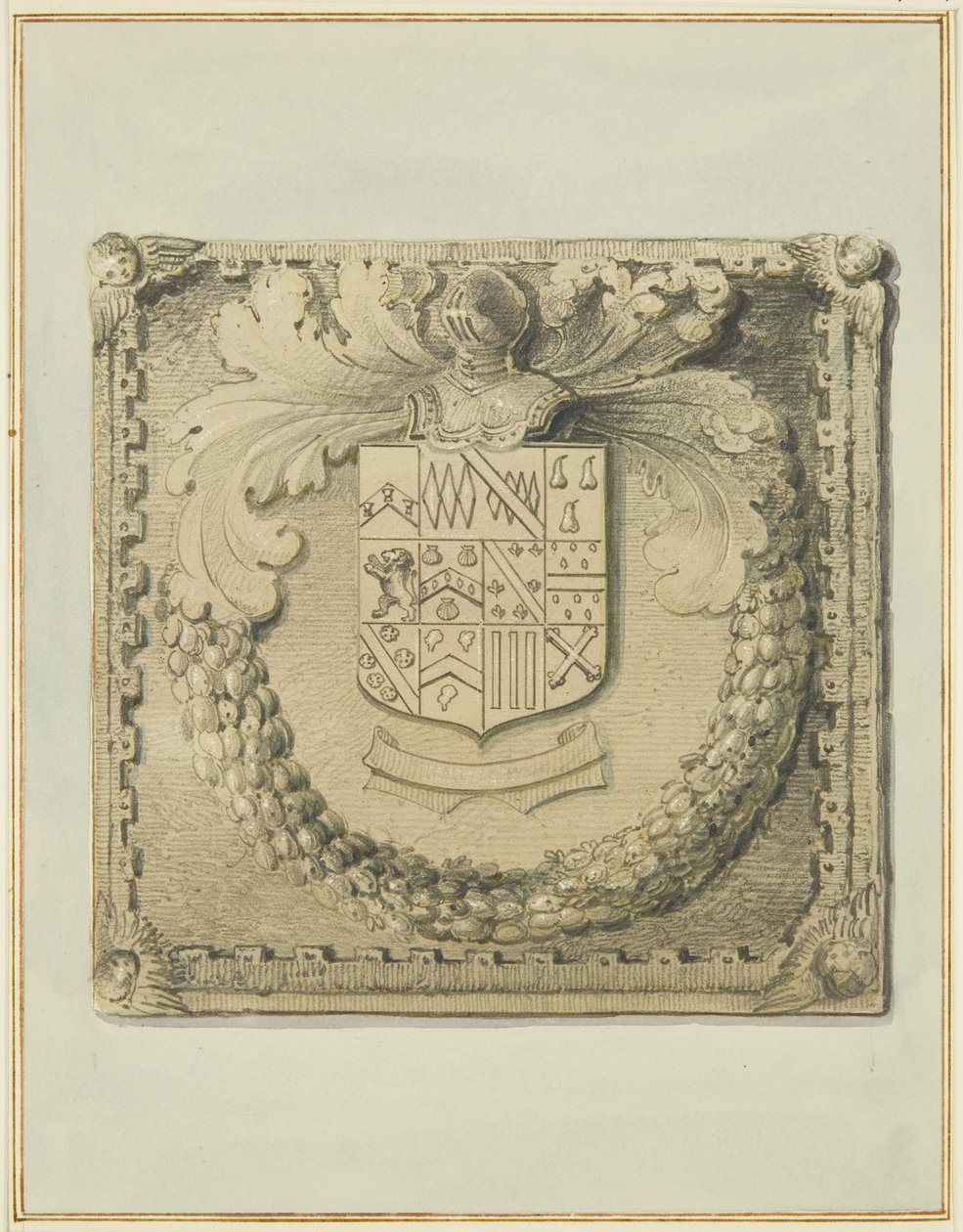 Brasão de pedra sobre a Porta Norte da Corte do Barr de Thomas Leeson the Elder Rowbotham
