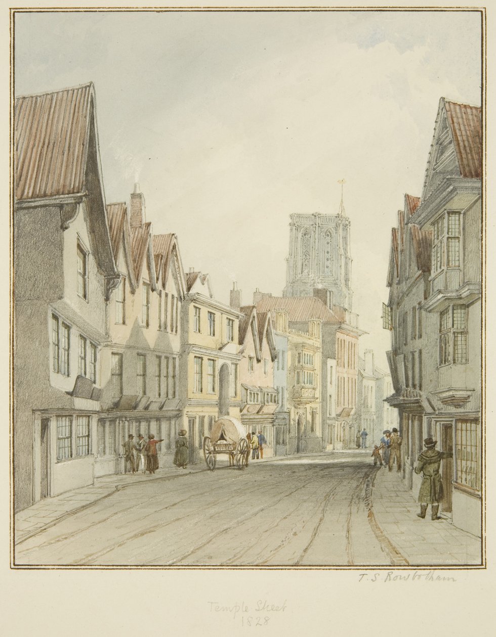 Temple Street, mostrando a torre da Igreja do Templo (aquarela sobre papel) de Thomas Leeson the Elder Rowbotham
