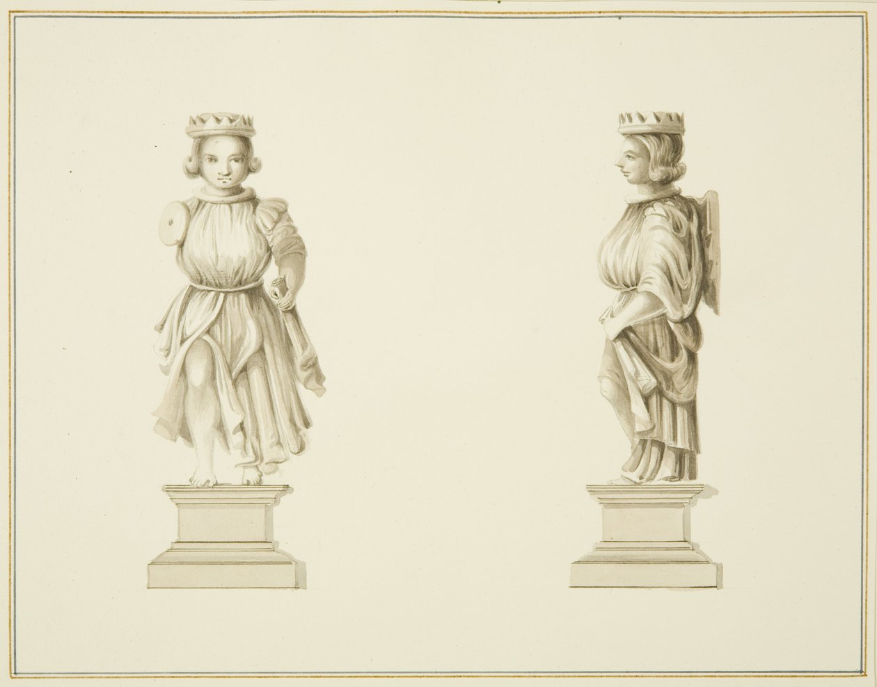 Duas vistas de uma figura de madeira esculpida na Sala da Sacristia da Igreja de São João (lápis e aguarela sobre papel) de Thomas Leeson the Elder Rowbotham