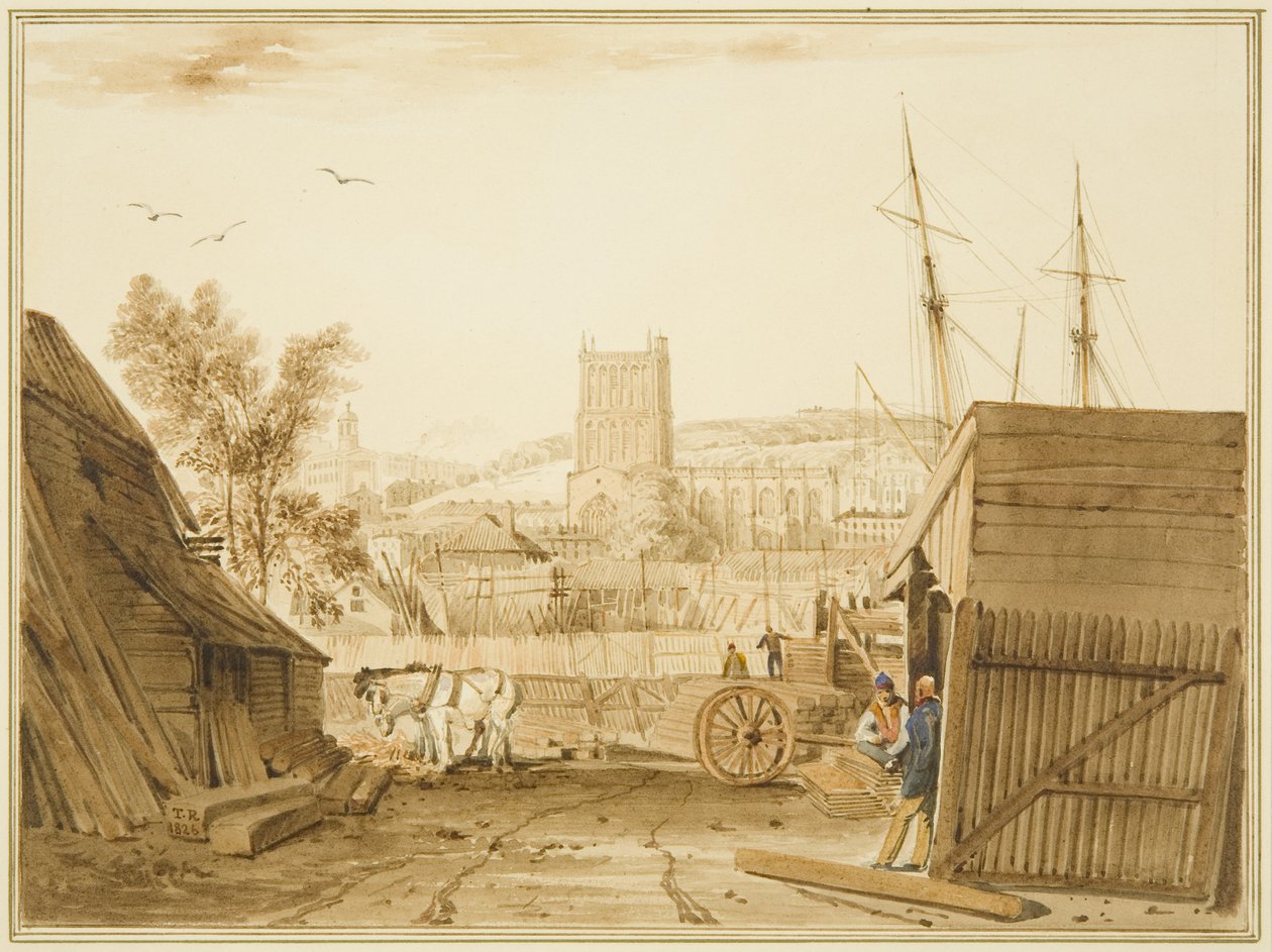 Vista do pátio de madeira da Acraman, Wapping, com vista para a Catedral de Thomas Leeson the Elder Rowbotham