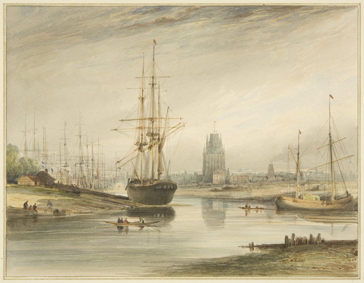 Vista olhando para cima do rio, tirada de baixo do Rope Walk and Wapping, c.1804 de Thomas Leeson the Elder Rowbotham