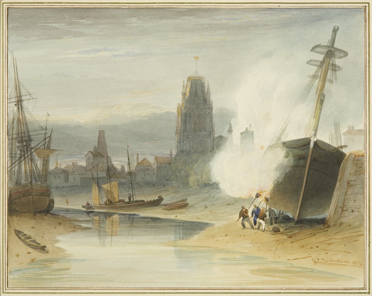 Vista de St Mary Redcliffe do deslizamento de Gibb antes da formação do Porto Flutuante, mostrando também a criação do fundo de um navio de Thomas Leeson the Elder Rowbotham