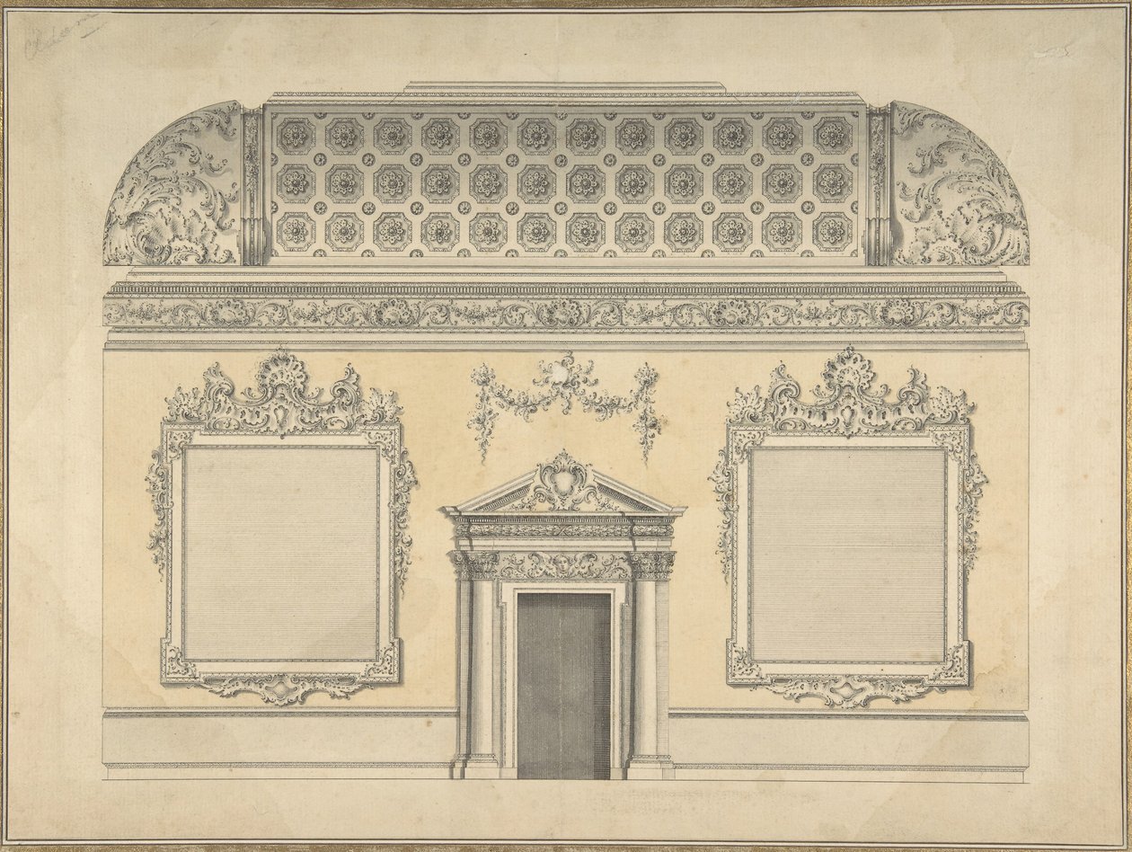 Projeto para Corte de Sala Rococó, com Teto Abobadado e Ornamentado Coríntio..., ca.1750. de Thomas Lightoler.