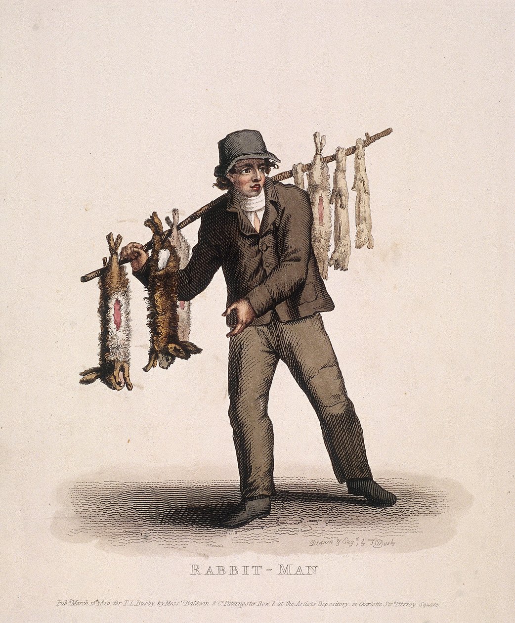 Vendedor de coelhos carregando um poste pendurado com coelhos, 1820 de Thomas Lord Busby