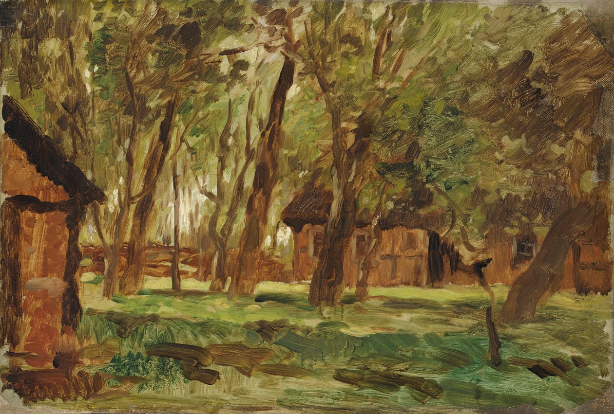 Farmstead sob árvores (óleo sobre papel) de Thomas Ludwig Herbst