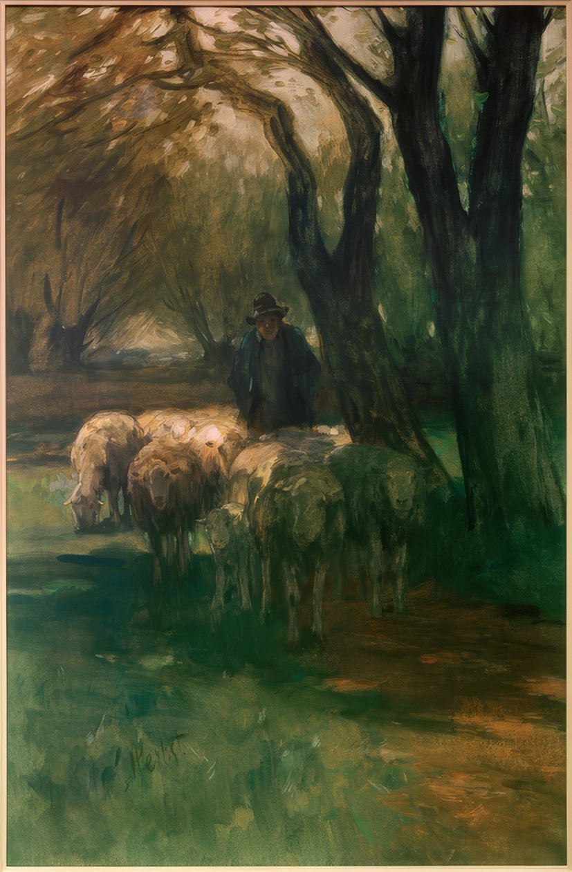 Rebanho de ovelhas sob árvores de Thomas Ludwig Herbst