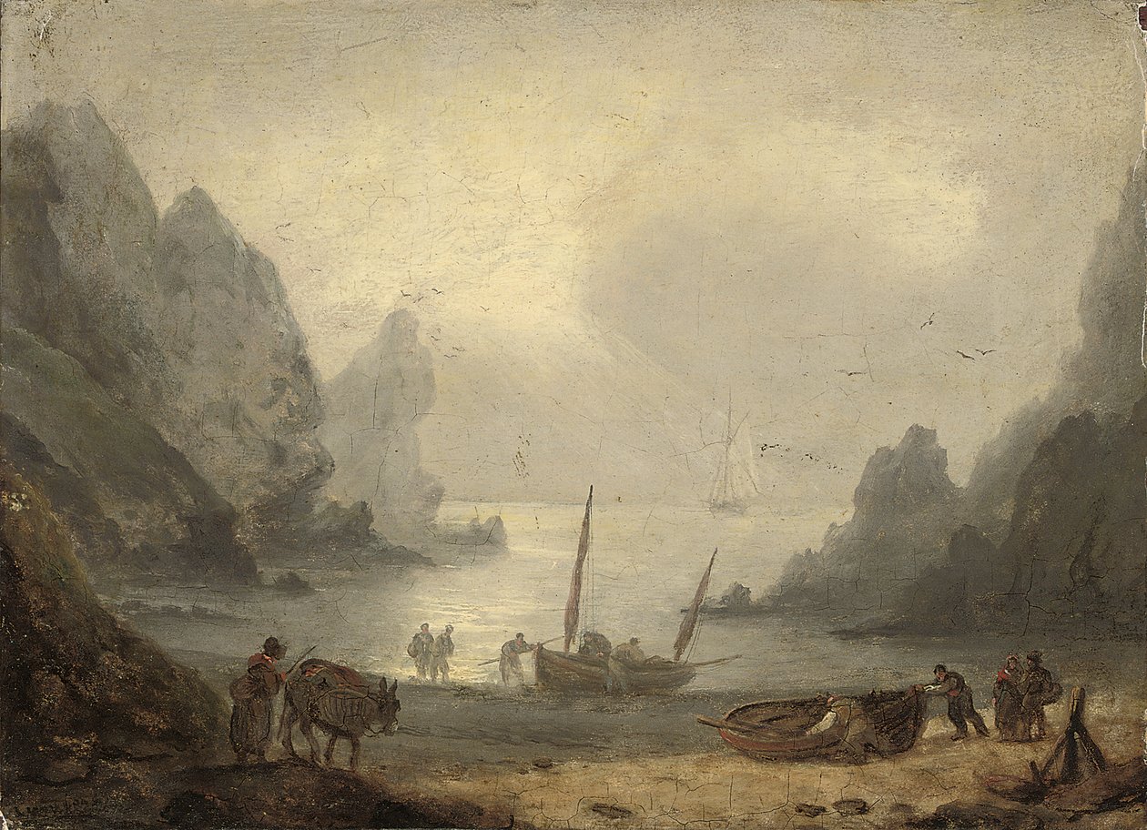 Uma enseada de Devonshire com pescadores descarregando suas capturas no foreshore, c.1804 de Thomas Luny