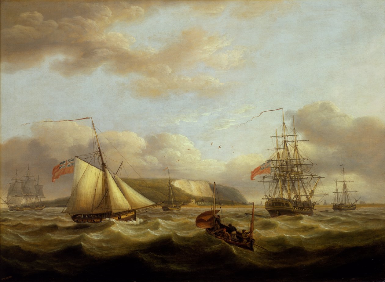 Um cúter a passar à popa de uma fragata, início do século XIX (óleo sobre tela) de Thomas Luny
