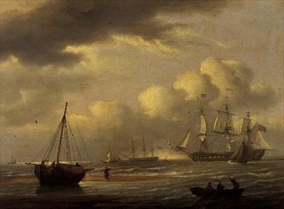 Um índio em estadias, e barcos na costa sul de Thomas Luny