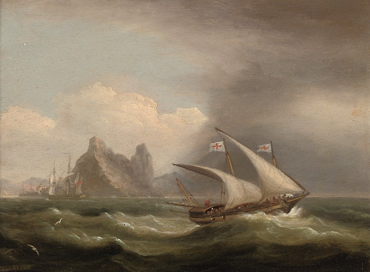 Um Xebec armado no Mediterrâneo, uma fragata britânica de sua popa e passando por uma costa rochosa de 1822 de Thomas Luny