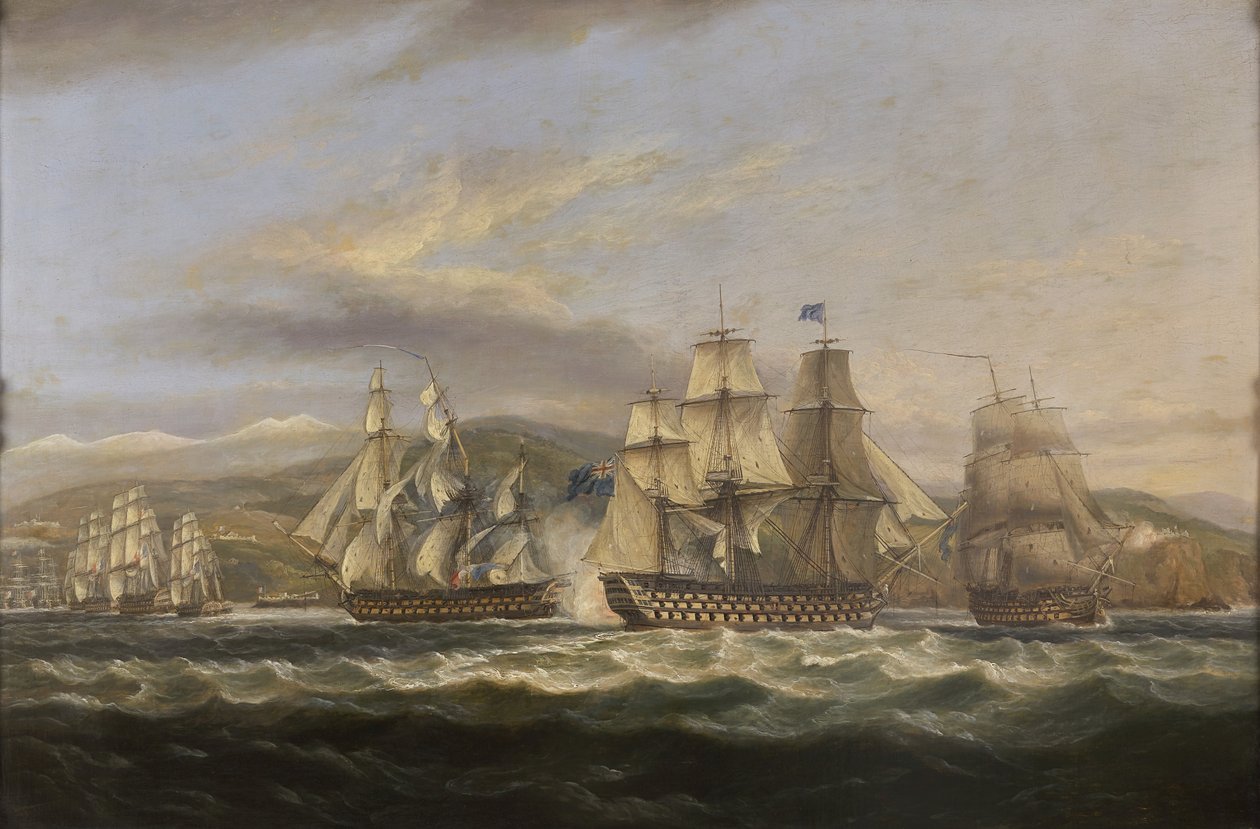.MS Caledonia e HMS Boyne perseguindo a frota francesa em Toulon de Thomas Luny