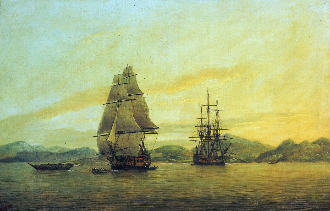 O navio comercial "Hindustan" da Companhia das Índias Orientais e outros barcos, incluindo juncos, ancorados ao largo da costa chinesa de Thomas Luny