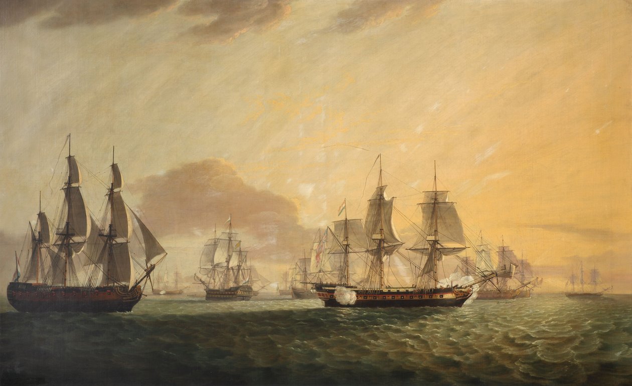 O "General Goddard" capturando os navios holandeses das Índias Orientais, finais do século XVIII - princípios do século XIX (óleo sobre tela) de Thomas Luny