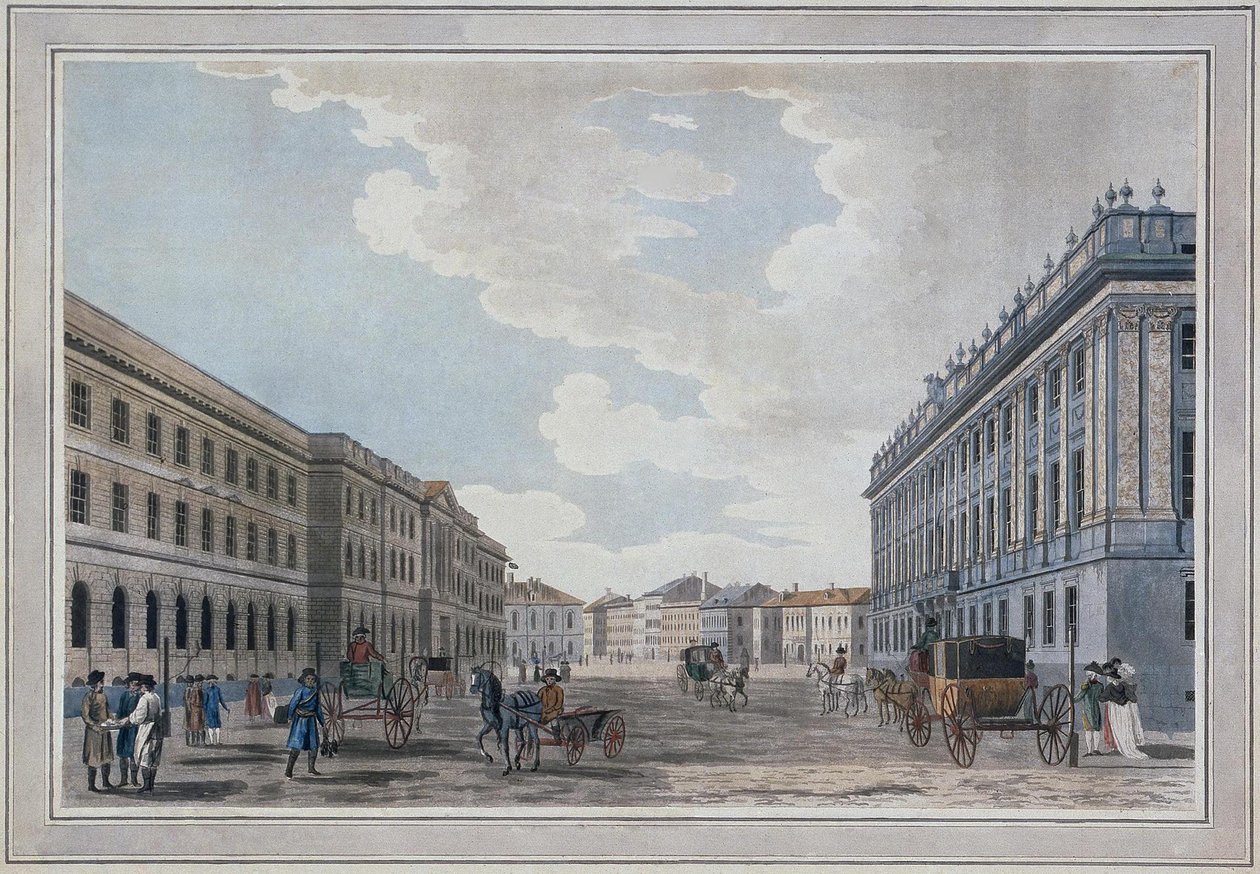 Vista de uma rua Millionnaya e do palácio de mármore através do campo de Marte, 1790 de Thomas Malton the Elder