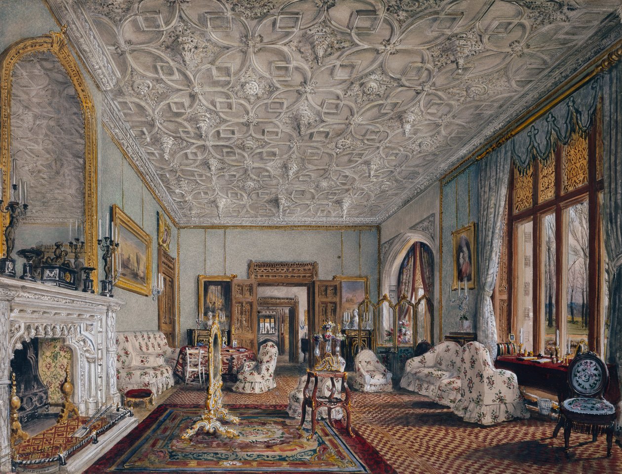 Sala de Estar em Estilo Gótico, c.1850 (aguarela) de Thomas Mann Baynes